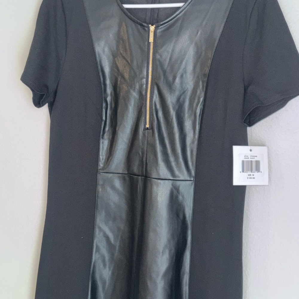 Ellen Tracy Black Faux Leather-Front Mini Dress - Picture 3 of 9